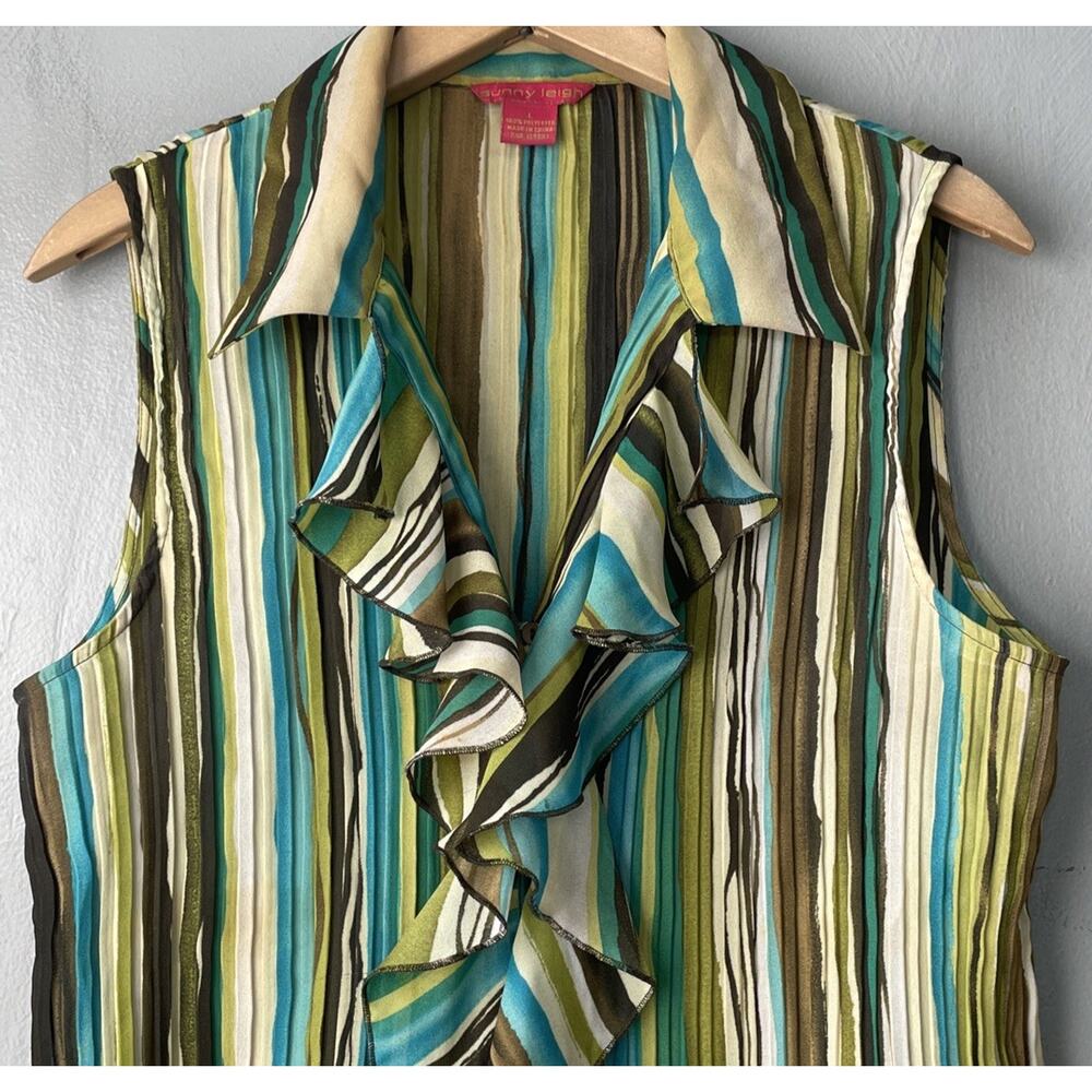 Sunny Leigh Top Size Large Striped Pleated Ruffled Boho Whimsigoth Artsy Y2K - Picture 2 of 10